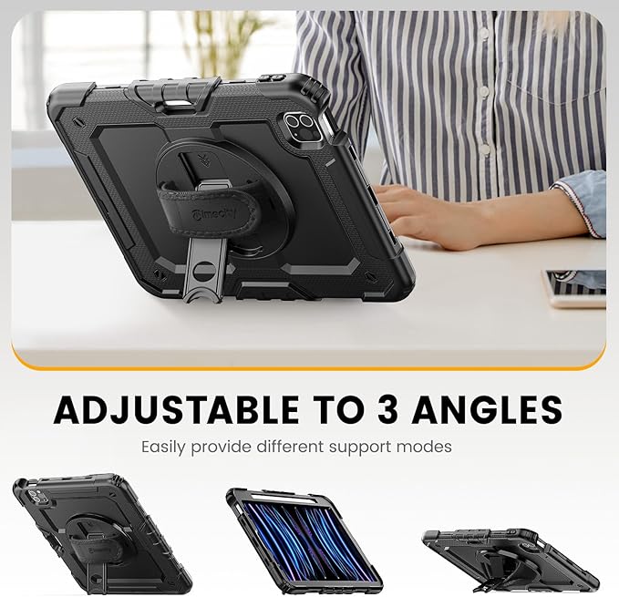 Timecity Case for iPad Pro 11 inch 1st, 2nd, 3rd, 4th Generation 2018/2020/2021/2022 (NOT for 2024), Heavy Duty Rugged Protective Case with Screen Protector,Pencil Holder,Rotating Stand&Handle-Black
