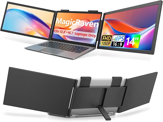 MAGICRAVEN Dual Laptop Screen Extender, 14" 1080P Portable Monitor, Type-C (No HDMI) Plug and Play for 13.3" - 16.1" Laptops, 270° Rotation Attachment Display for Windows/MacOS/Chrome Laptop Phone