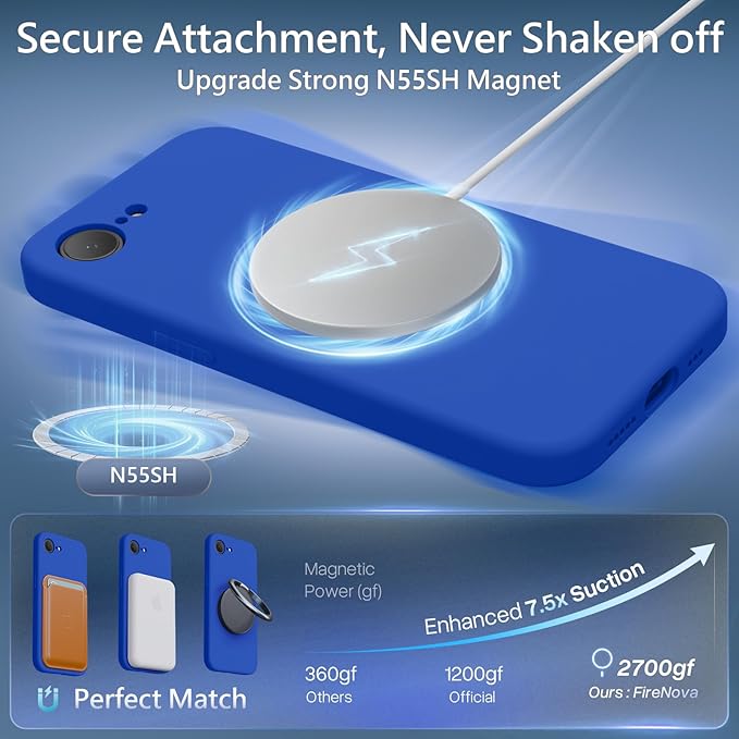 FireNova Magnetic for iPhone 17e Case/iPhone 16e Case, Compatible with MagSafe, [Silicone Camera Protection] Microfiber Lining Phone Case, 6.1", Klein Blue