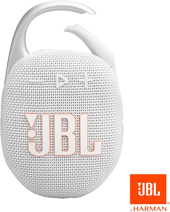JBL Clip 5 - Ultra-Portable, Waterproof & Dustproof Bluetooth Speaker, Big JBL Pro Sound with Punchy bass, Integrated Carabiner, Up to 12 Hours of Play, Made in Part with Recycled Materials (White)