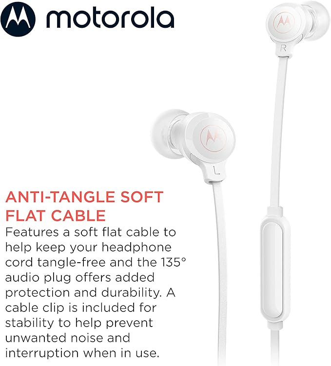 Motorola Earbuds 3-S Wired Earbuds with Microphone - Corded in-Ear Headphones, Comfortable Lightweight Silicone Ear Buds, Non-Tangle Flat Cable, 9.4mm Drivers Clear Bass Sound - White