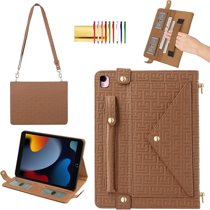 Handbag Case for iPad 9.7 Inch 2018/2017 (6th/5th Gen), iPad Air 2/Pro 9.7 Cover, Techcircle Cute Folio Stand Wallet Case w/Pencil Holder, Card Slots, Hand Strap, Shoulder Strap, Brown