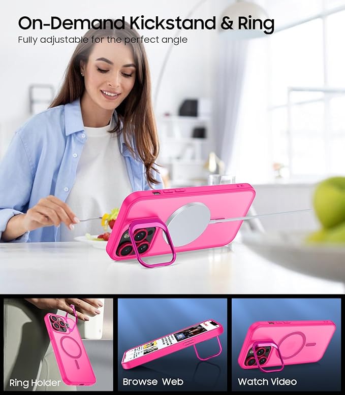 TOBOVON for iPhone 16 Pro Max Case, Compatible with MagSafe, Built-in Camera Ring Stand, with Individual Camera Cover, Translucent Matte Military-Grade Drop Protection Magnetic Case, Hot Pink