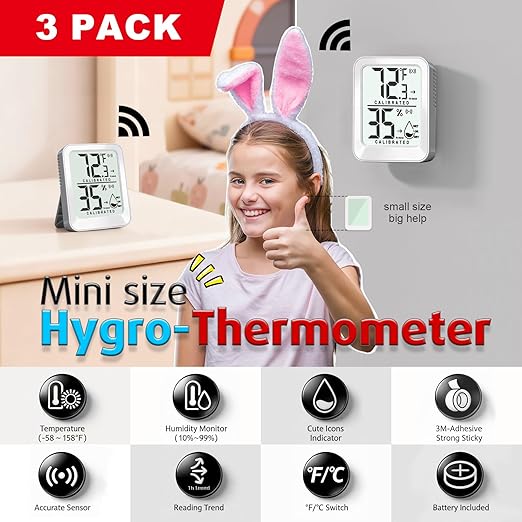 3 Pack Room Thermometer Indoor Hygrometer Digital Mini Humidity Meter Gauge with Temperature and Humidity Monitor Sensor for House, Pet, Plant, Incubator - Battery Included