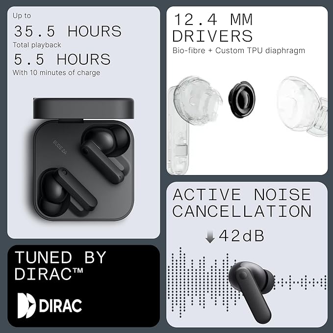 CMF Buds 2a Wireless Earbuds Active Noise Cancelling 42dB Hybrid ANC Bluetooth Headphones, 12.4mm Dynamic Driver for Big Bass, 4 Mic Clear Calls, Sport Ear Buds for iPhone, Android, Dark Grey