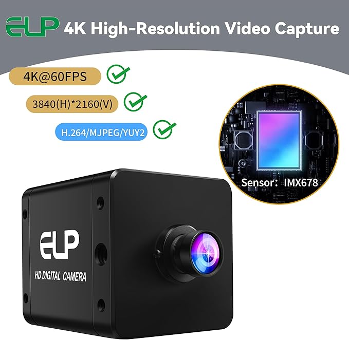 ELP 4K 60fps USB3.0 HDMI Camera H.264 Wide Angle High Speed UVC Lightburn Cameras for Computer Low Illumination Simultaneous Output PC Webcam M12 100° Web_Camera for Windows Linux Mac TV Projector
