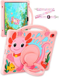 Kids Case for iPad Air 11 Inch 6th (M2 M3) / iPad Pro 11" 4th/3rd/2nd/1st / iPad Air 5/4 10.9", Axolotl Cute Silicone Cover with 360 Rotating Stand, Detachable Strap & Stylus Holder (Pink)