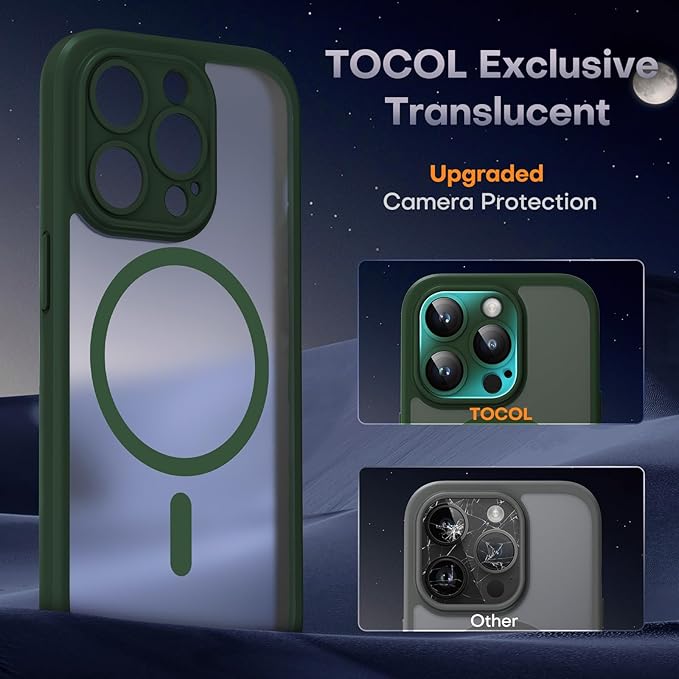 TOCOL Magnetic for iPhone 13 Pro Case Upgraded Full Camera Protection Compatible with Magsafe Drop Protection Translucent Matte Back Bumper Phone Cover 6.1-Inch, Alpine Green