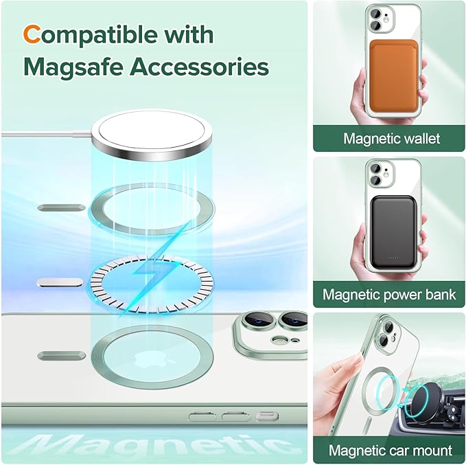 Hython Magnetic Clear for iPhone 12 Case with Camera Lens Protector [Compatible with MagSafe] Luxury Plating Edge Slim Soft TPU Cover Protective Phone Case for iPhone 12 6.1", Matte Mint