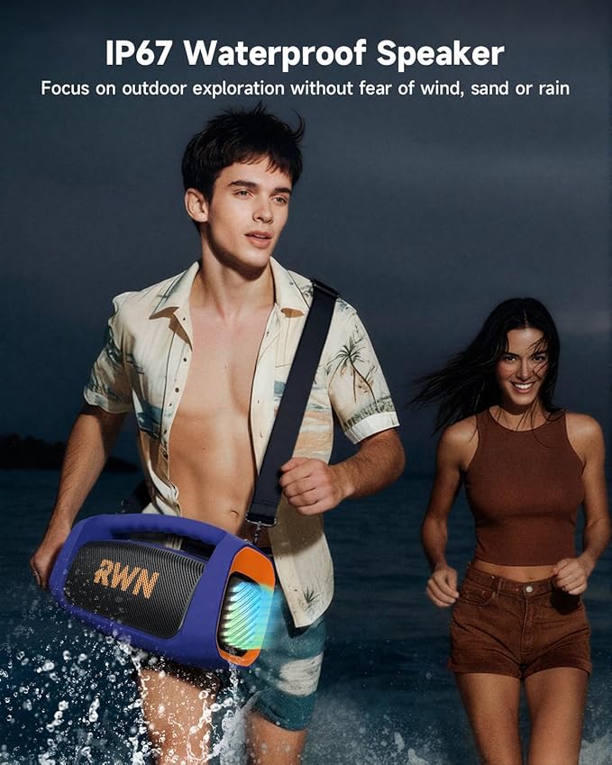 RWN Outdoor Bluetooth Speaker: 160W Loud Sound, IP67 Waterproof with 24H Playtime, Fast Charge, Bass, TWS, Portable Wireless Speakers with Light Show for House, Party, Projector, Beach (Blue+Orange)