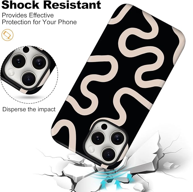 Magnetic for iPhone 15 Pro Case Cute Curved Stripes Phone Case, Shockproof Slim TPU and Hard PC Protective Phone Cover Compatible with MagSafe Designed for Women Girls,Black