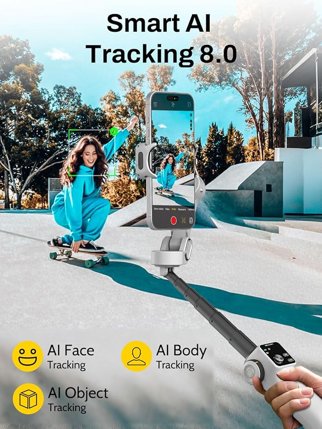 AOCHUAN Gimbal Stabilizer for iPhone & Android, 3-Axis Phone Gimbal with OLED Screen, 7.8" Extendable Rod, Face & Gesture Tracking, Ideal for Vlogging, Travel & Video Recording-Smart V8 White