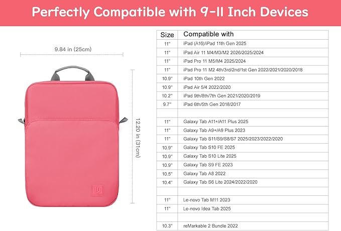 Dadanism 9-11 Inch Tablet Sleeve Bag Carrying Case with Shoulder Strap for iPad (A16) 11", iPad 10th Gen 10.9", iPad Air M4/Pro M5 11", iPad 9/8/7th 10.2", Galaxy Tab A11+ Plus 11", Watermelon Pink