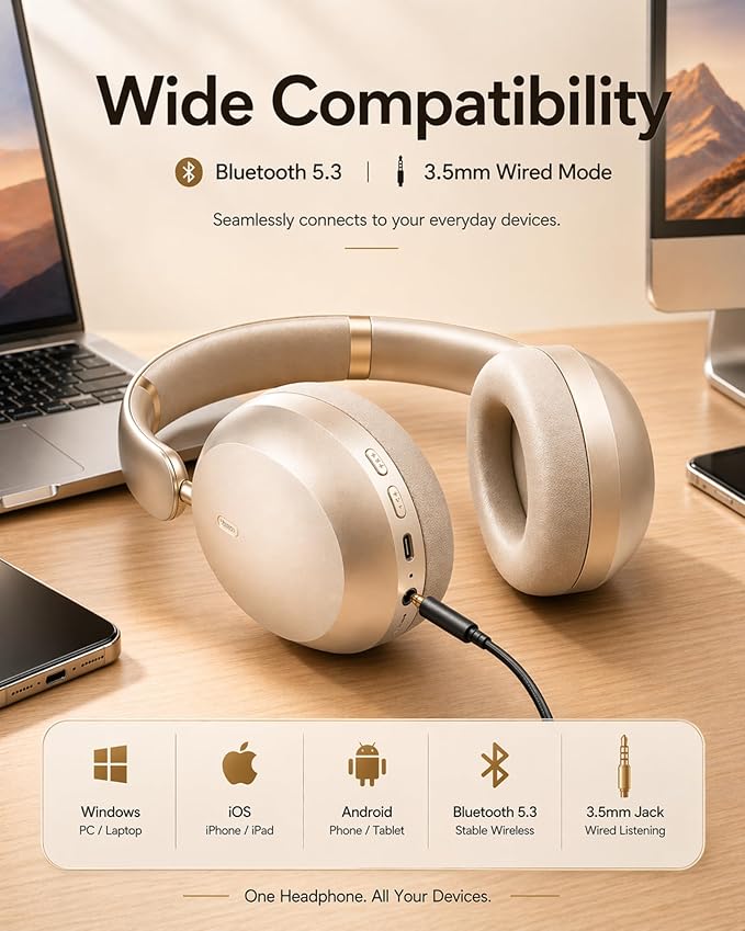 Wentronic Y05 Active Noise Cancelling Over Ear Headphones, Bluetooth 5.3 Wireless Headphones with Mic, 48H Playtime, USB-C Fast Charging, Hi-Res Audio, Starlight