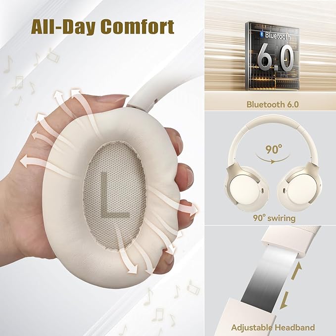 TECKNET Hybrid Active Noise Cancelling Headphones, Bluetooth 6.0 Wireless Headphones, 70H Playtime and 6 EQ Music Modes with 3.5mm Cord, Over Ear Headphones for Travel Work Cellphone - White