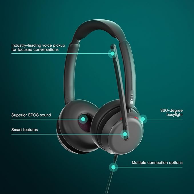 EPOS Impact 860 ANC Double-Sided Wired Headset with Active Noise Cancellation, USB C & USB A, Lightweight, Comfortable Fit, Microsoft Teams & Zoom Compatible for Office Work, Black