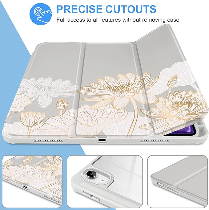 Case for iPad Air 13 inch 2026 M4 2025 M3 2024 M2 Release with Pencil Holder - Aesthetic Cute Design Trifold Cover with Soft TPU Bumper Clear Back Auto Sleep/Wake for Girls Women, Golden Lotus
