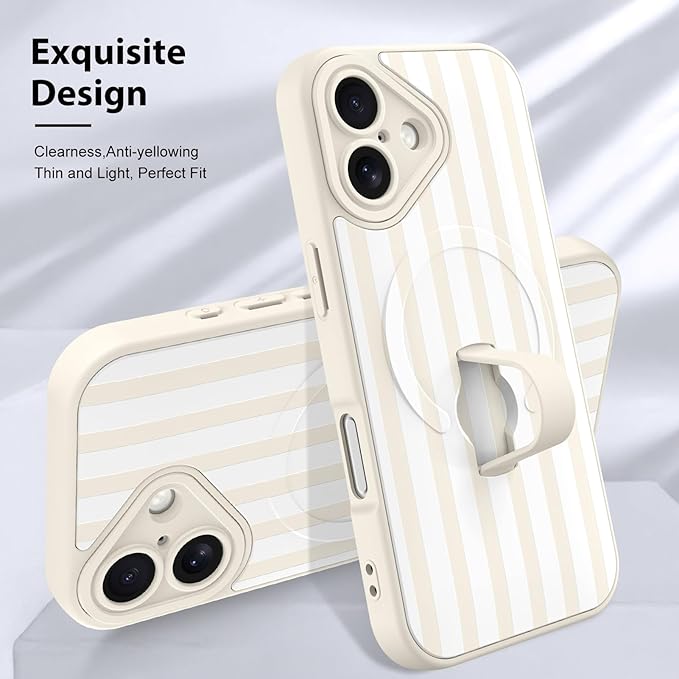 KANGHAR Compatible with iPhone 16 Case, Support for MagSafe, Silicone Stripes Cute Pattern, Wristband Kickstand Camera Protection Soft Slim Cover for Girls Women -White