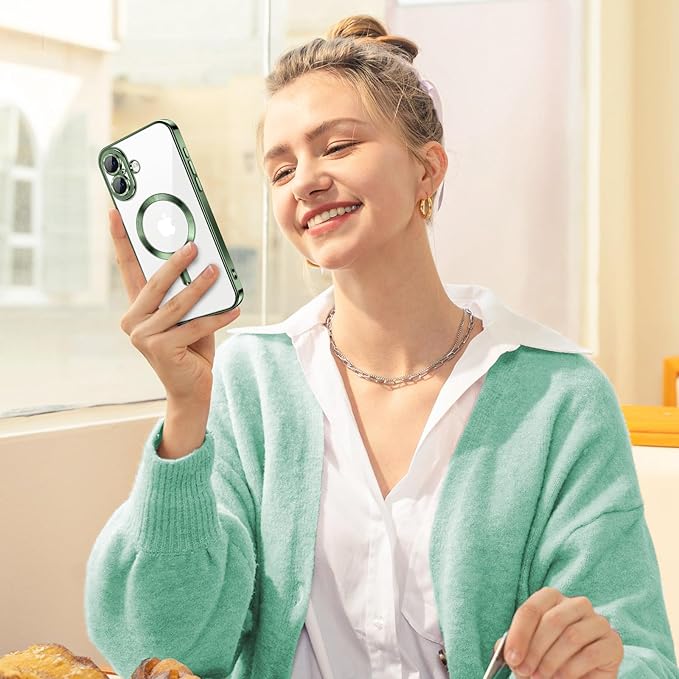 Hython Magnetic Clear for iPhone 17 Case with Camera Lens Protector [Compatible with MagSafe] Luxury Plating Edge Slim Soft TPU Cover Protective Phone Case for iPhone 17 6.3", Deep Green
