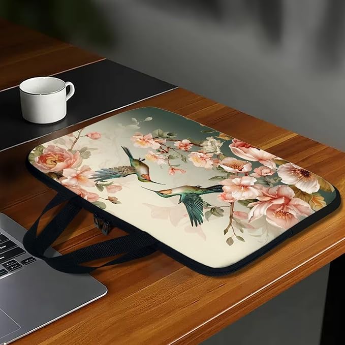 Hummingbird Laptop Sleeve for Women, Protective Computer Cover Case with Handle Briefcase Carrying Bag Compatible 17 Inch Notebook, Chromebook Computer, Vintage Floral