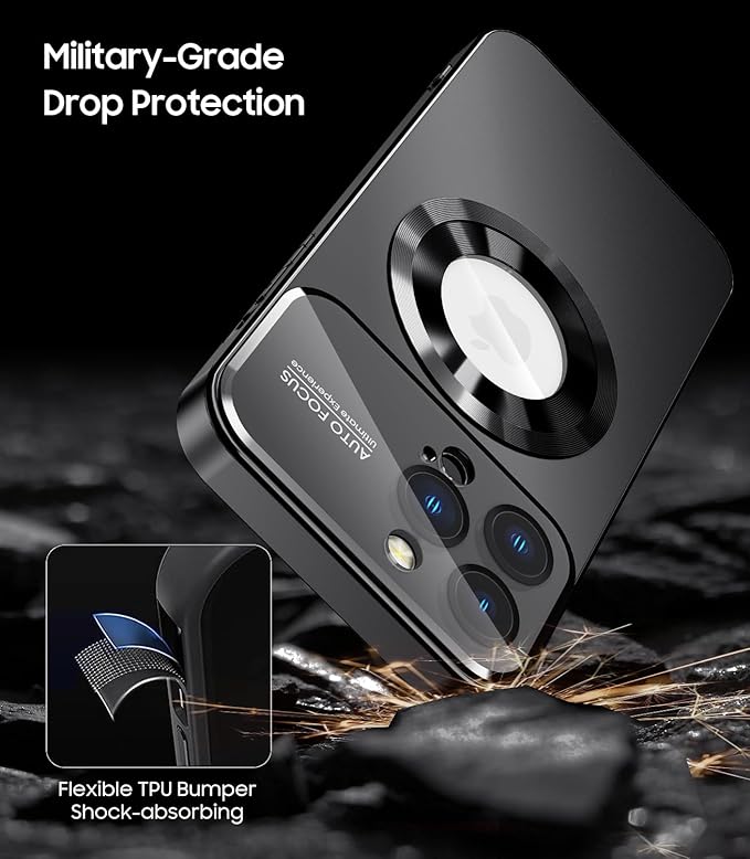 MAKAVO Magnetic for iPhone 13 Pro Max Case, Compatible with MagSafe, Built-in Camera Lens Protector, Logo View, Military Grade Drop Proof Phone Case Cover, Black