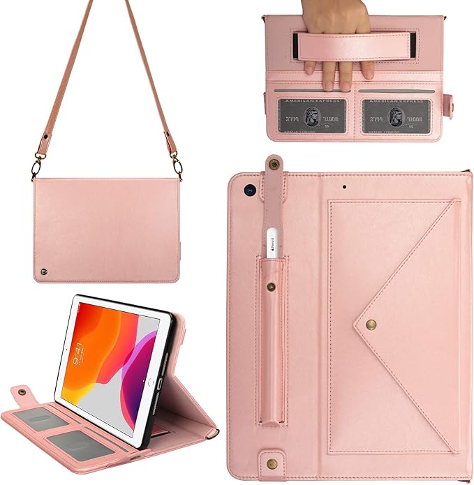 7.9-inch iPad mini Case with Pencil Holder, Techcircle Smart Folio Stand PU Leather Crossbody iPad mini Series Cover with Hand Strap, Multiple Card Slots Envelope Pocket Wallet Case, Rose Gold