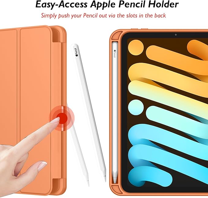 iMieet iPad mini 7 Case 2024 (A17 Pro), iPad mini 6 Case (8.3-Inch,2021 Model), iPad mini 7th/6th Generation Case with Pencil Holder, Trifold Stand Smart Case with Soft TPU Back,Orange