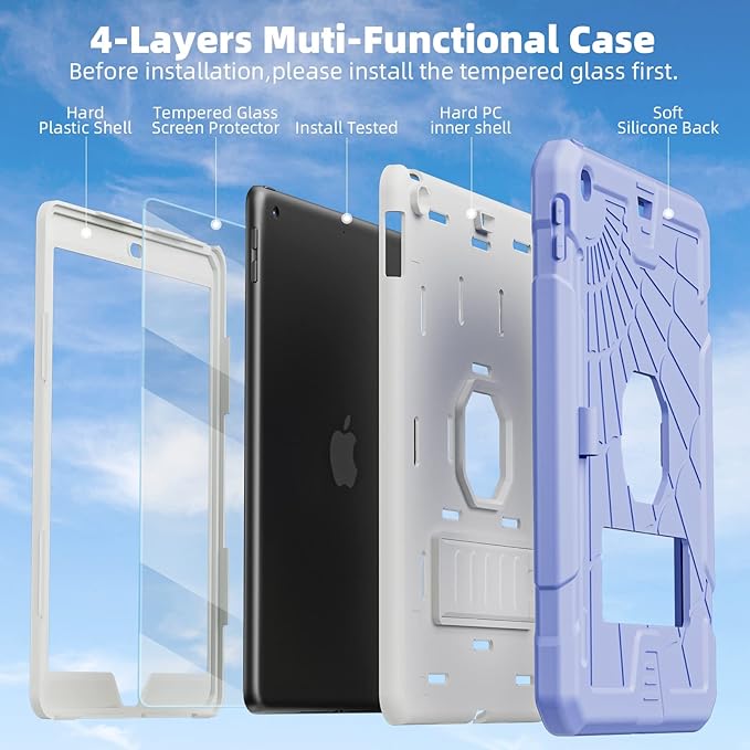TSQQST Case for iPad 9.7 Inch 2018 2017 Model 6th 5th Generation with Glass Screen Protector | Shockproof Protective iPad Case 6th 5th Gen 9.7" for Kids with Pencil Holder&Stand | Purple