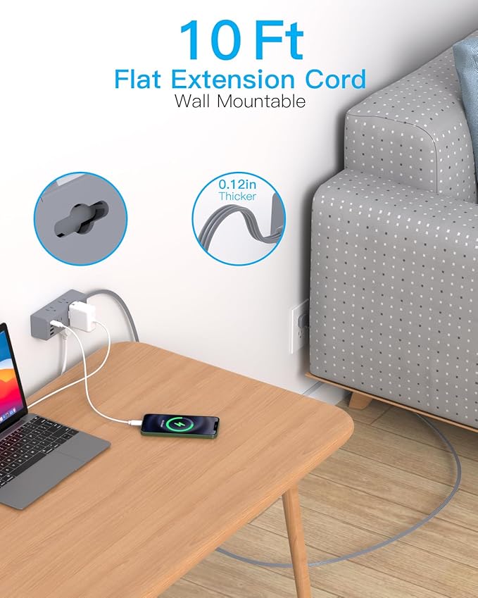 10Ft Extension Cord with Multiple Outlets,Flat Plug Power Strip Surge Protector with 10 Ft Long Cord,6 Outlet 4 USB Ports (2USB C),Multi Outlet Wall Plug for Travel,College,Dorm Essentials-Grey