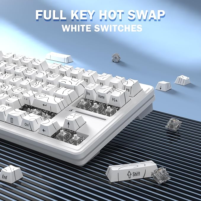 FELICON Attack Shark M87 PRO Wireless Mechanical Gaming Keyboard – 87-Key Tri-Mode (Bluetooth 5.0/2.4Ghz/USB-C), Hot-Swappable Linear Switch, RGB Backlit, 5000mAh Battery – White Contour
