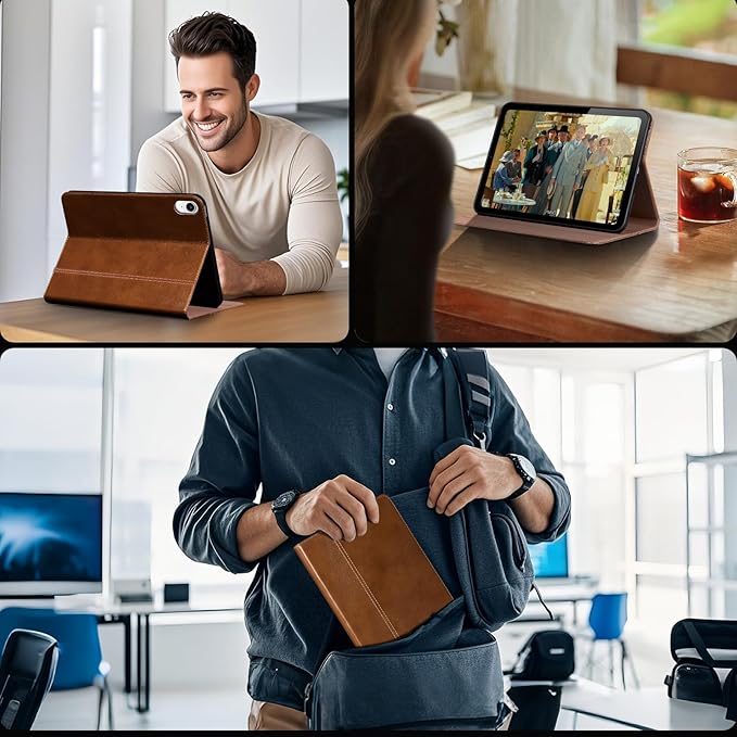 Gexmil Leather Case for iPad mini 7 (A17 Pro) 2024 / iPad mini 6 Generation 2021 8.3 Inch,Premium Cowhide Cover with Adjustable Stand, Auto Wake/Sleep,Yellow Brown