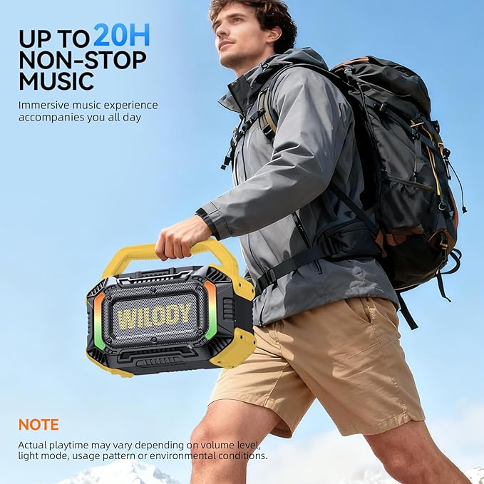 Wilody Speakers Bluetooth Wireless, 100W Loud Outdoor Speaker with Bass, IPX7 Waterproof Floatable, 20H Playtime, Wireless Charge, TWS, RGB Light, Portable Speaker for Work, Garage, Outdoor (Yellow)