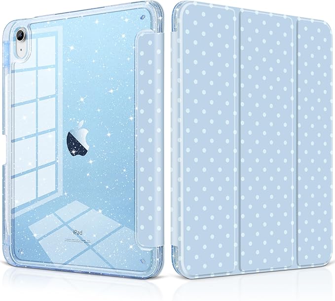 DONGKE for iPad Pro 11 inch Case – Fits M5 2025 / M4 2024, Shockproof Sparkling Glitter Acrylic Back, Pencil Holder, Trifold Stand, Auto Sleep/Wake & Touch ID Support - Blue Polka Dot