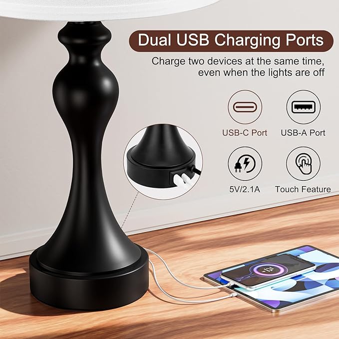Seealle Touch Lamps for Nightstand - Bedside Lamps Set of 2, 3 Way Dimmable, USB C+A for Bedroom & End Tables (White&Black)