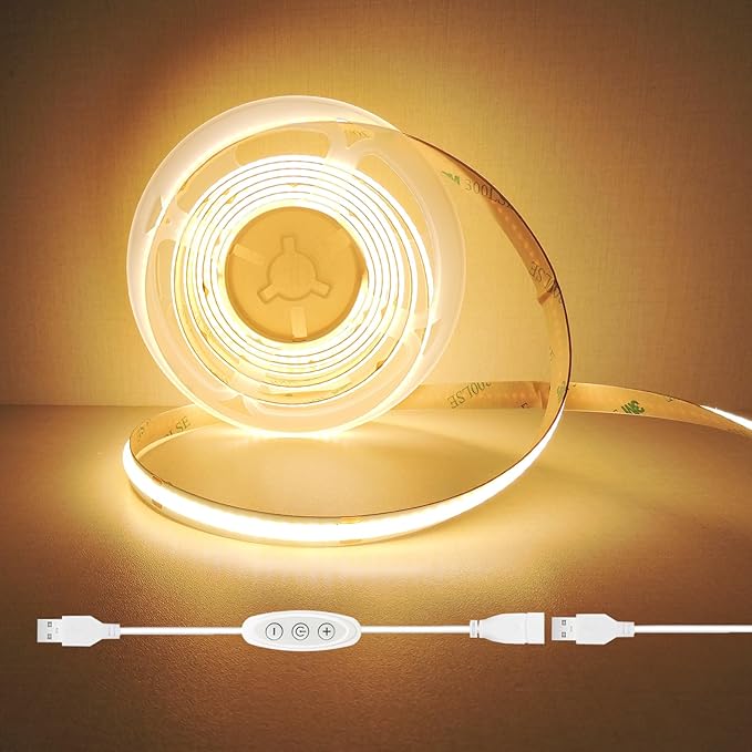 USB Light Strip Warm White 3000K CRI 92+ Small Dimmable COB LED Strip Light Cuttable 5V USB Powered 6 ft 10W for TV Backlight Cabinet Bedroom Indoor DIY Lighting Project
