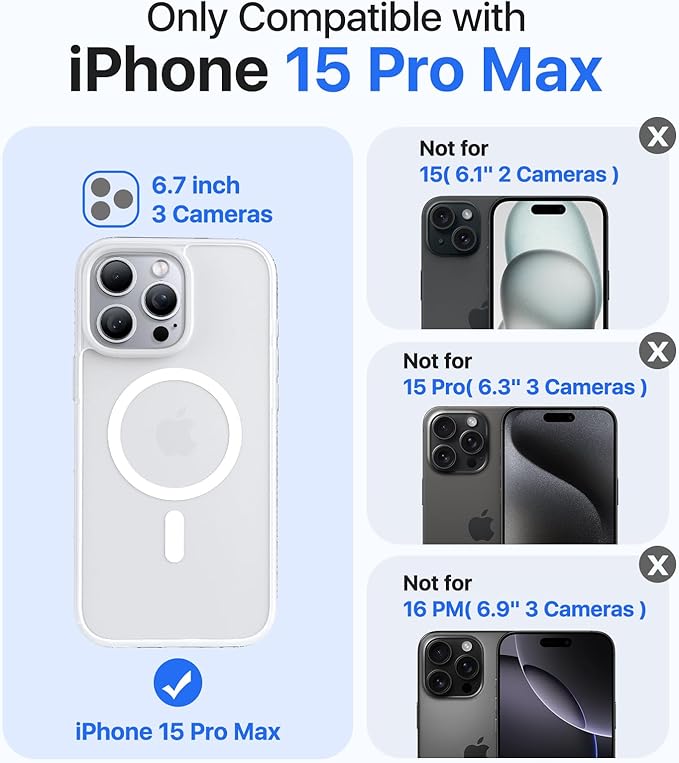 Magnetic for iPhone 15 Pro Max Case[Compatible with MagSafe][Military-Grade Drop Protection][Anti-Yellowing]Shockproof Protective Translucent Matte Cover for iPhone 15 Pro Max Phone Case,White