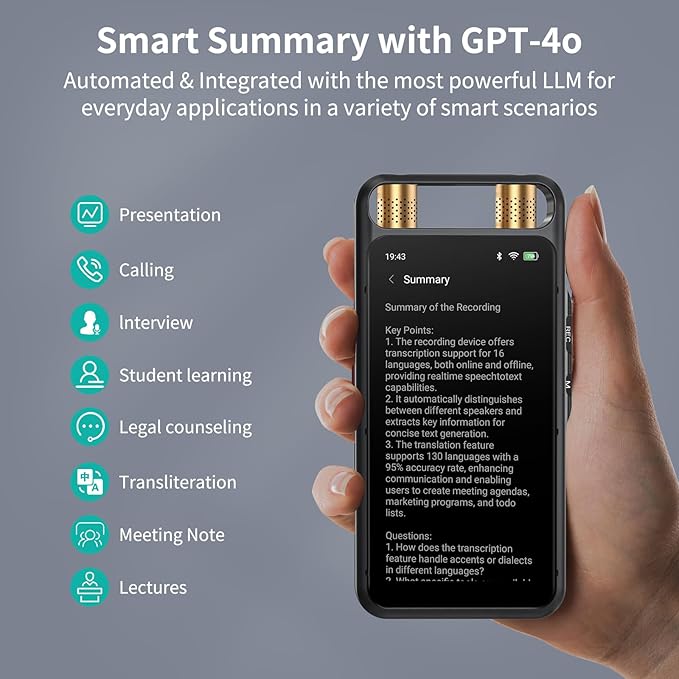 AI Voice Recorder with Playback, Digital Voice Recorder with Transcription to Text, Summary, Translation, Full Touchscreen Recorder Device for Meetings, Lectures, Interviews with 80GB Memory