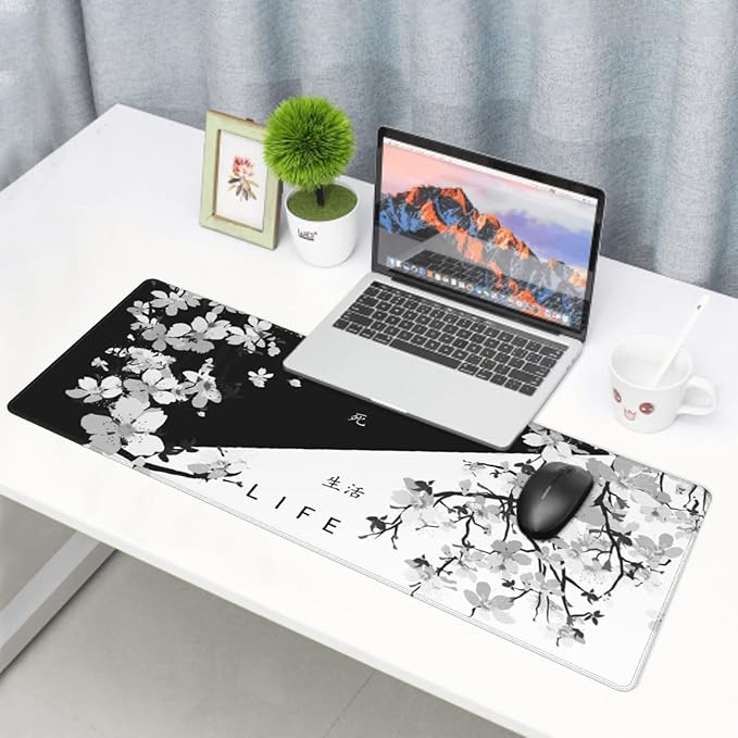 Black White Cherry Blossom Mouse Pad 31.5 X 11.8 Inch XL Japanese Art Style Design Extended Gaming Mousepad Large Non-Slip Rubber Base Keyboard Desk Mat with Stitched Edges for Gaming Office
