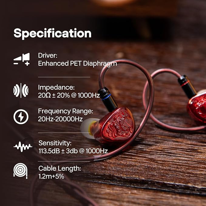 Linsoul TANGZU Wan'er S.G II in Ear Monitor,HiFi Wired Earbuds,10mm Dynamic Driver PET Diaphragm Gaming IEM Earphones with 2Pin Detachable OFC Cable for Audiophile DJ Stage (Red Lion, 3.5mm No Mic)