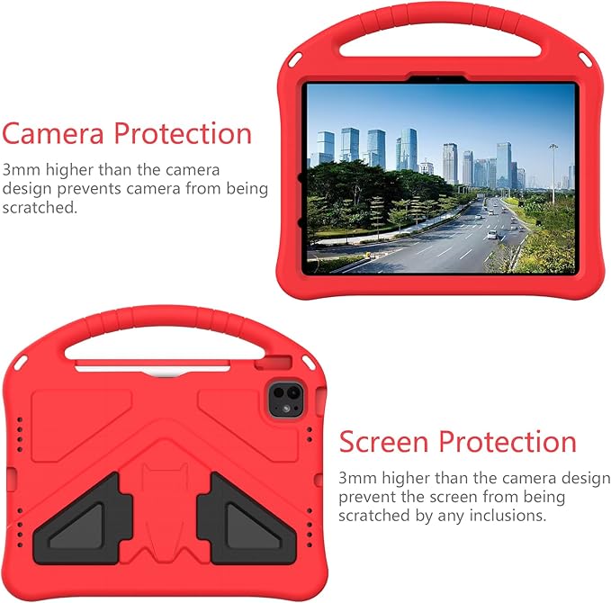 Kids Case for iPad Air 11 inch M4/M3/M2 (2026/2025/2024) with Pencil Holder/Shockproof Handle/Kickstand/Slim Lightweight Soft EVA Foam Folio Stand Tablet Protective Girls Boys Cover, Red