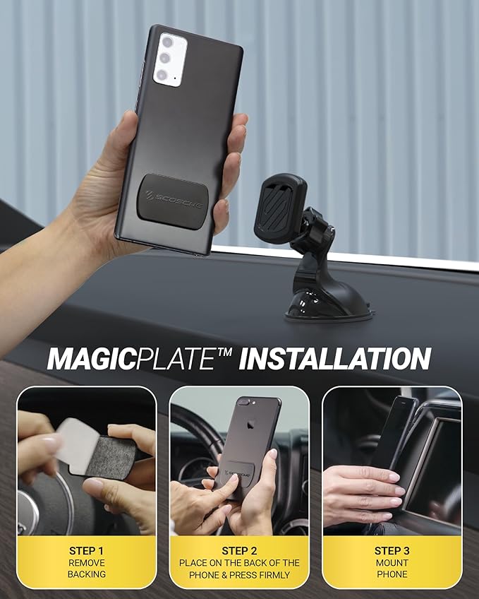 Scosche Extra Strength Suction Cup Phone Mount, Magnetic Dashboard/Windshield Mount Cell Phone Holder for Car with 360° Rotation, StickGrip Base & Thick Metal Plate for iPhone and Android, Not MagSafe