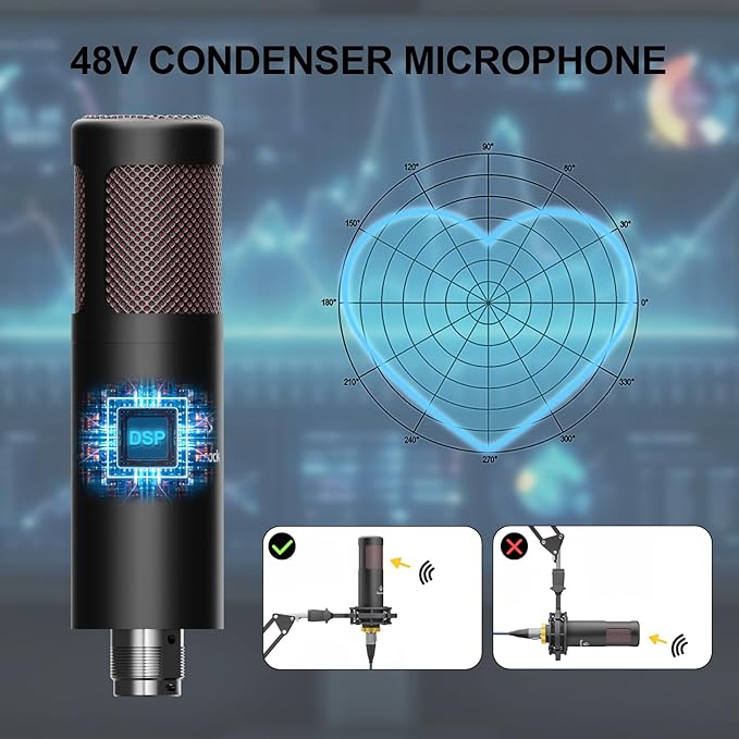 Podcast Equipment Bundle for 2, RGB Mixer with Premium 48V XLR Condenser Microphone Micro-SD card, Surround Sound, for Live Streaming/TikTok/YouTube, Compatible with iOS,Android,PC,Camera RS2i2