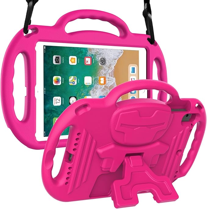 LTROP Kids Case for iPad 5th/6th Generation (2017/2018) & Air 2, Shoulder Strap Handle Stand Shockproof Bumper Cute Kid Case for iPad 9.7 Inch, Pink