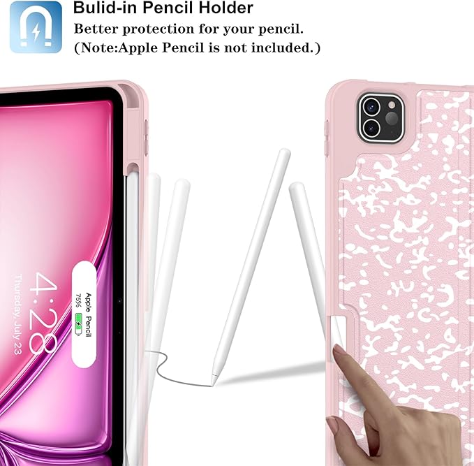 Supveco Case for iPad Air 13 Inch (M3) 2025/(M2) 2024 with Pencil Holder,Premium Folio Stand Case with Soft TPU Back Cover,and Auto Wake/Sleep-Pink