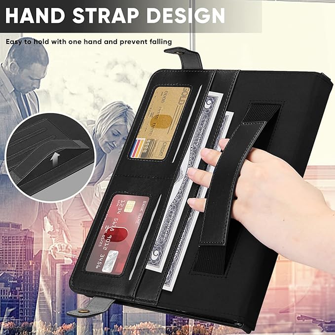 Handbag Case for iPad (A16) 11" 2025 & iPad 10th Gen 10.9", Techcircle Folio Stand PU Leather Multi-Card Slots Envelope Pocket Wallet Cover with Hand Strap+Shoulder Strap+Pen Holder, Black