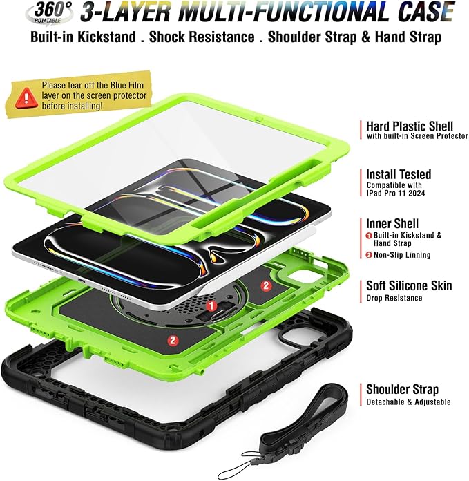 iPad Pro 11 Case 2024 Model A2836/A2837/A3006 with Screen Protector | Shockproof Rugged Protective Case W/Stand Hand Strap Shoulder Strap Support Apple Pencil Pro Charging | Green