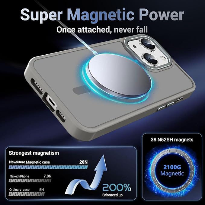 Newfuture Designed for iPhone 13 Case & iPhone 14 Case with Magnetic [13 FT Military Drop Protection] [Compatible with Magsafe] Translucent Shockproof with Anti-Fingerprint Phone Case, Titanium Gray