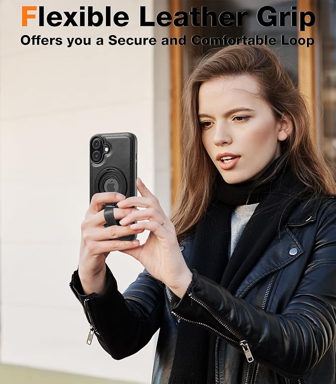 Butaiga for iPhone 16 Plus Leather Case with Stand, Anti-Slip Grip Ring, Fits for MagSafe (Black, iPhone 16 Plus)