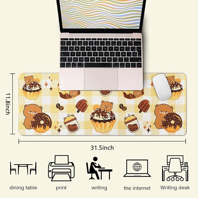 Kawaii Bear Gaming Mouse Pad for Desk, Extended Large Bear Chocolate Donut Mouse Pad, Orange Yellow Mousepad XL, Long Big Mouse Mat, Kawaii Bear Decor Stuff Accessories, 31.5 X 11.8 Inch
