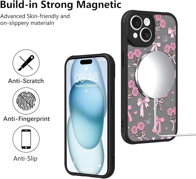 KANGHAR Case Compatible with iPhone 15 Plus Bows Bouquet Pattern [Compatible with Magsafe] Cute Flowers Florals Protective Magnetic Case for Girls Women Men